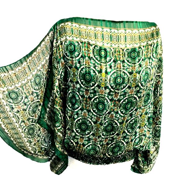 Max Studio Boho Handkerchief Blouse M Emerald Green Gold Smocked Hem Artsy Retro - Picture 1 of 14